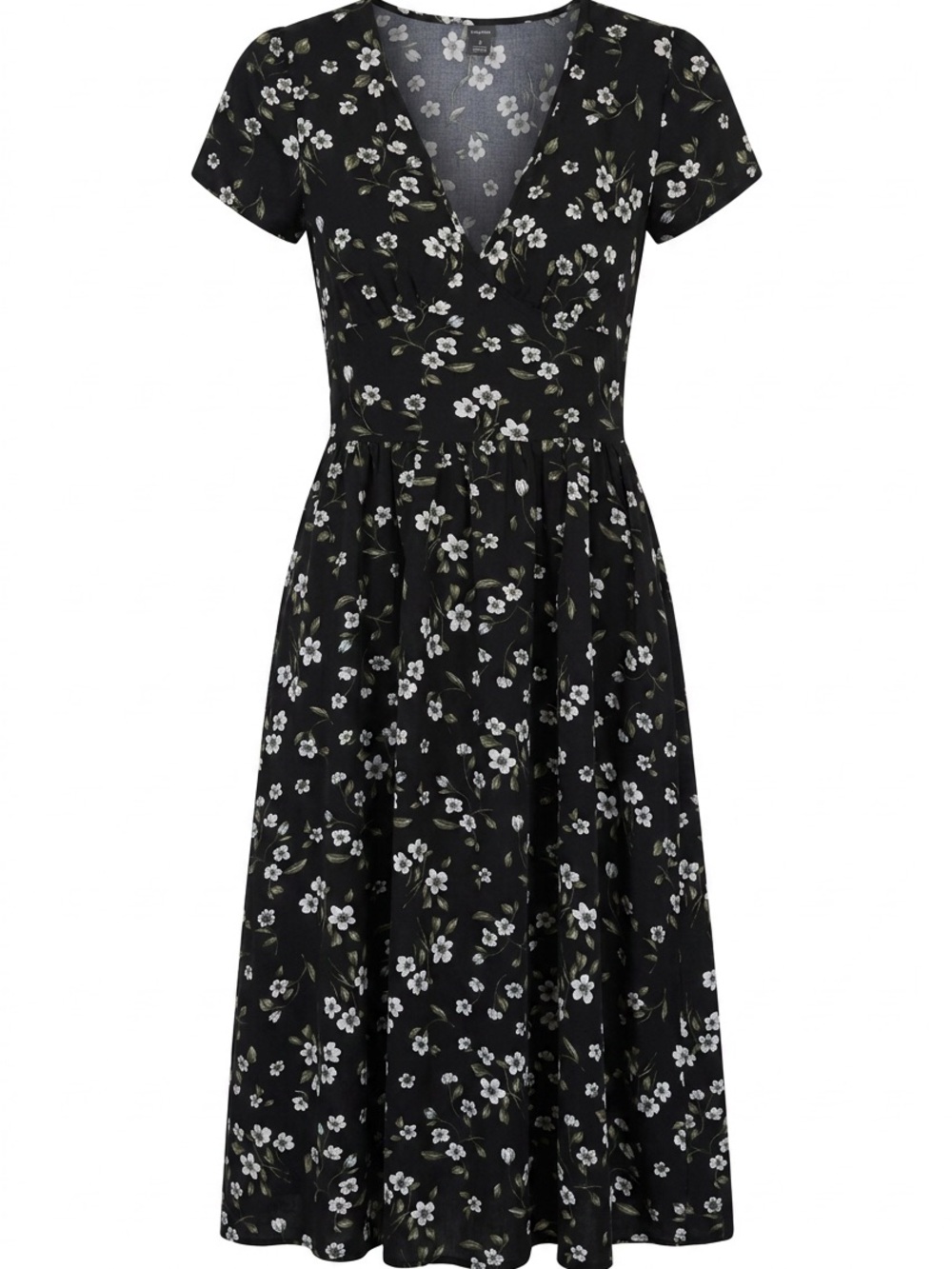 Women's Black Floral V-Neck Midi Dress